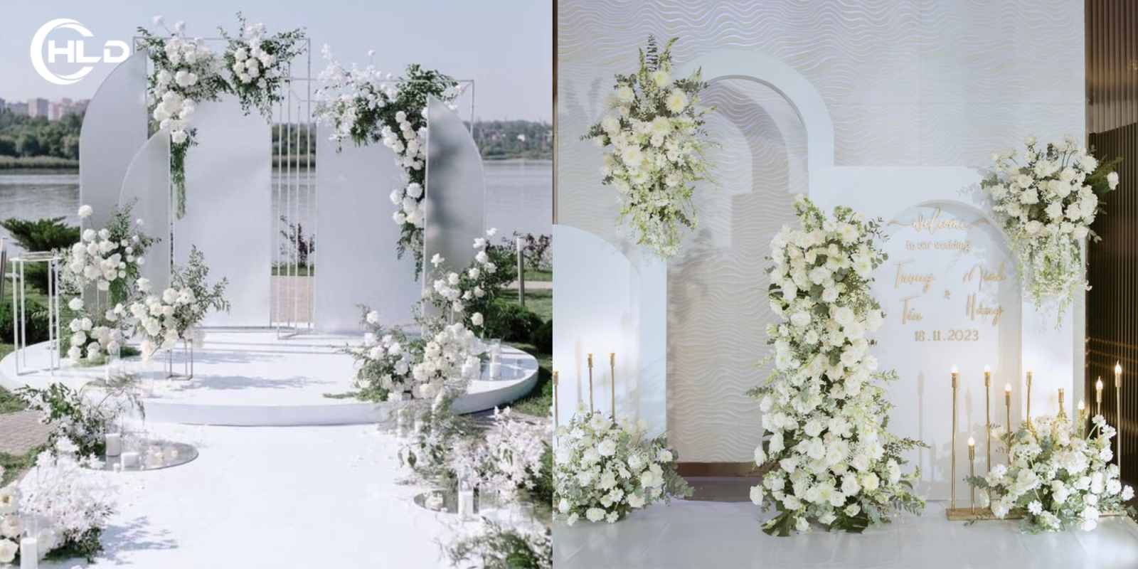 Backdrop đám cưới sang trọng tone trắng vàng chuẩn tiệc cưới cao cấp